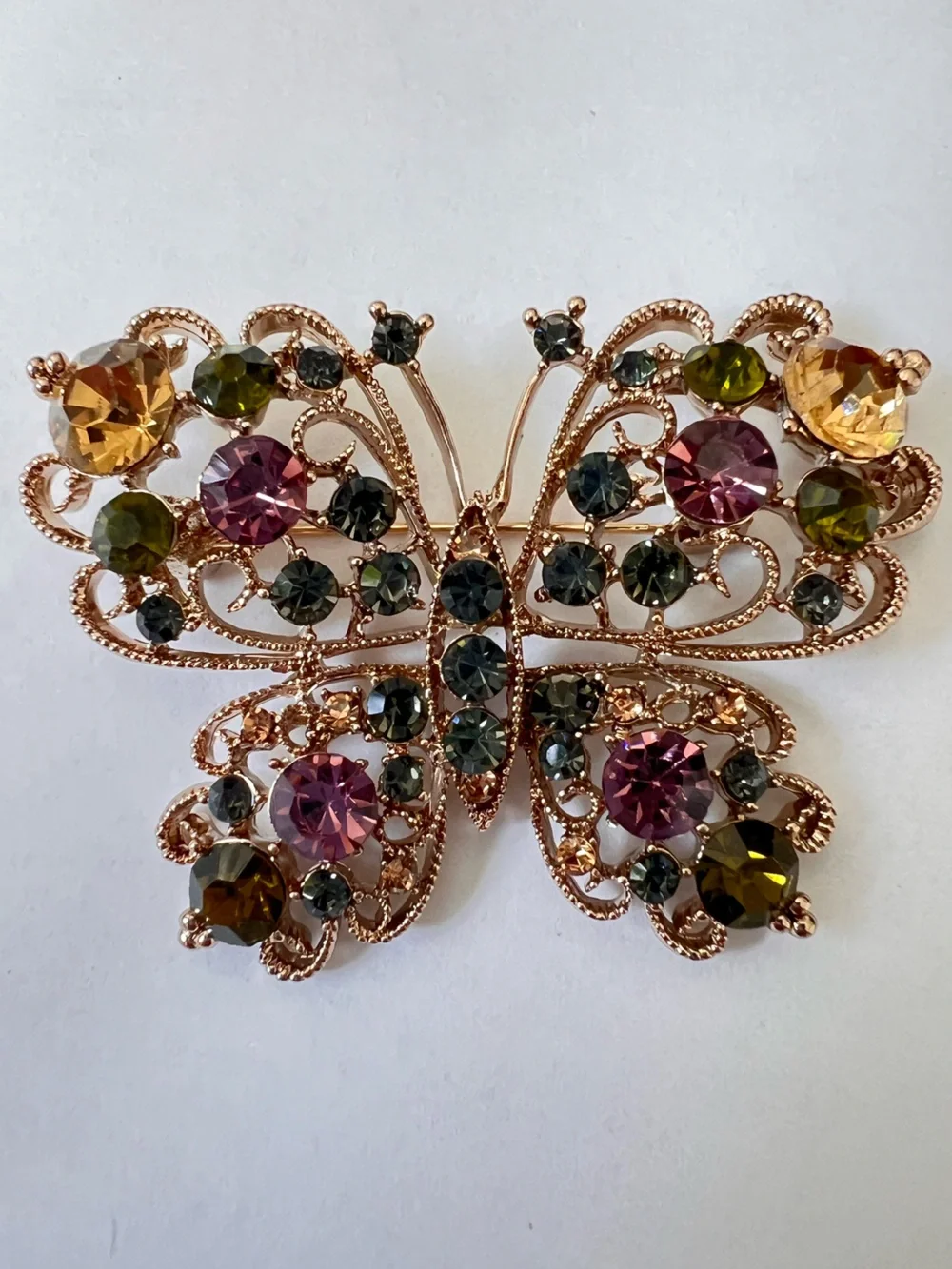 Rose Gold Butterfly Crystal Brooch in Pink, Olive & Amber